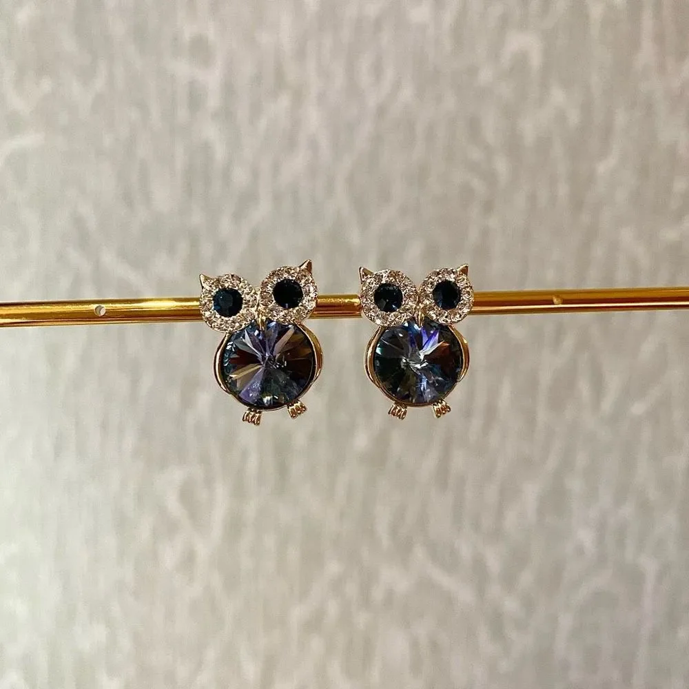 Blue Grey Crystal Owl Gold Earrings